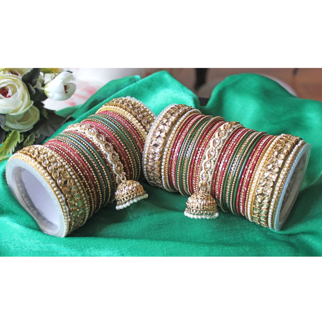 Colourful Jhumki Bangle set with Kundan Border Kada by Leshya Plus size