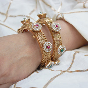 Traditional Jadau Style Bracelets with Stone and Beads by Leshya