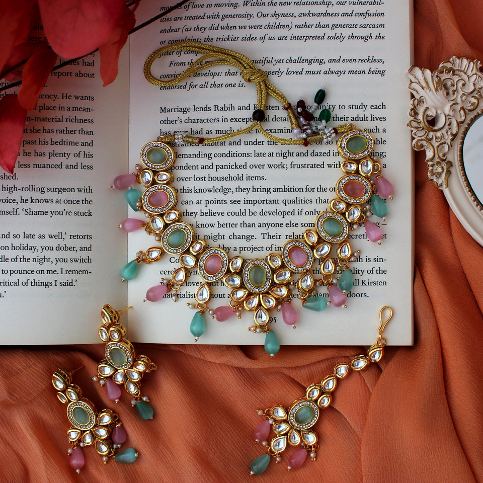 Pastel Kundan Necklace Set with Maang Tikka and Earrings