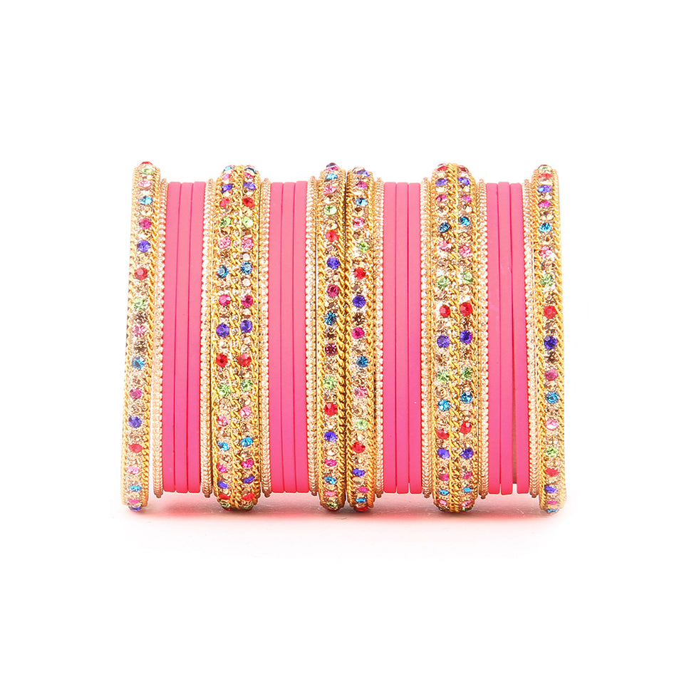 Golden Kada With Multi-Colored Stones And Matte Finish Bangle Set For Women