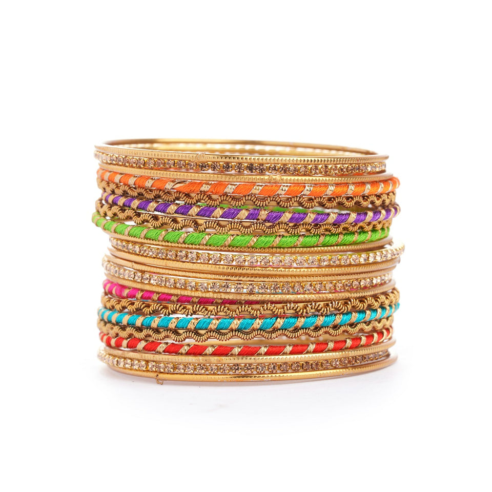 Set of 22 Multi Coloured Silk Thread Bangle set for both hands by Leshya