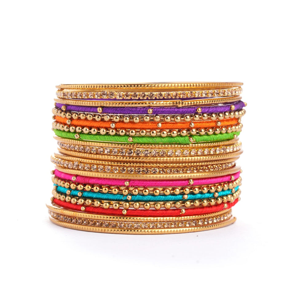 Set of 22 Multi Coloured Silk Thread Bangle set for both hands by Leshya