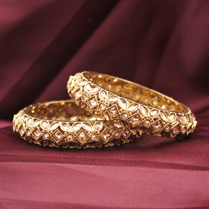 Classic Antique Gold Bracelet Pair with Running Kundan by Leshya