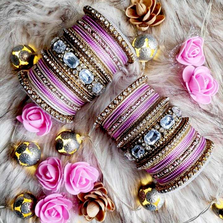 Set of Beautiful Colored Bangle Set With Big Kundan Stone