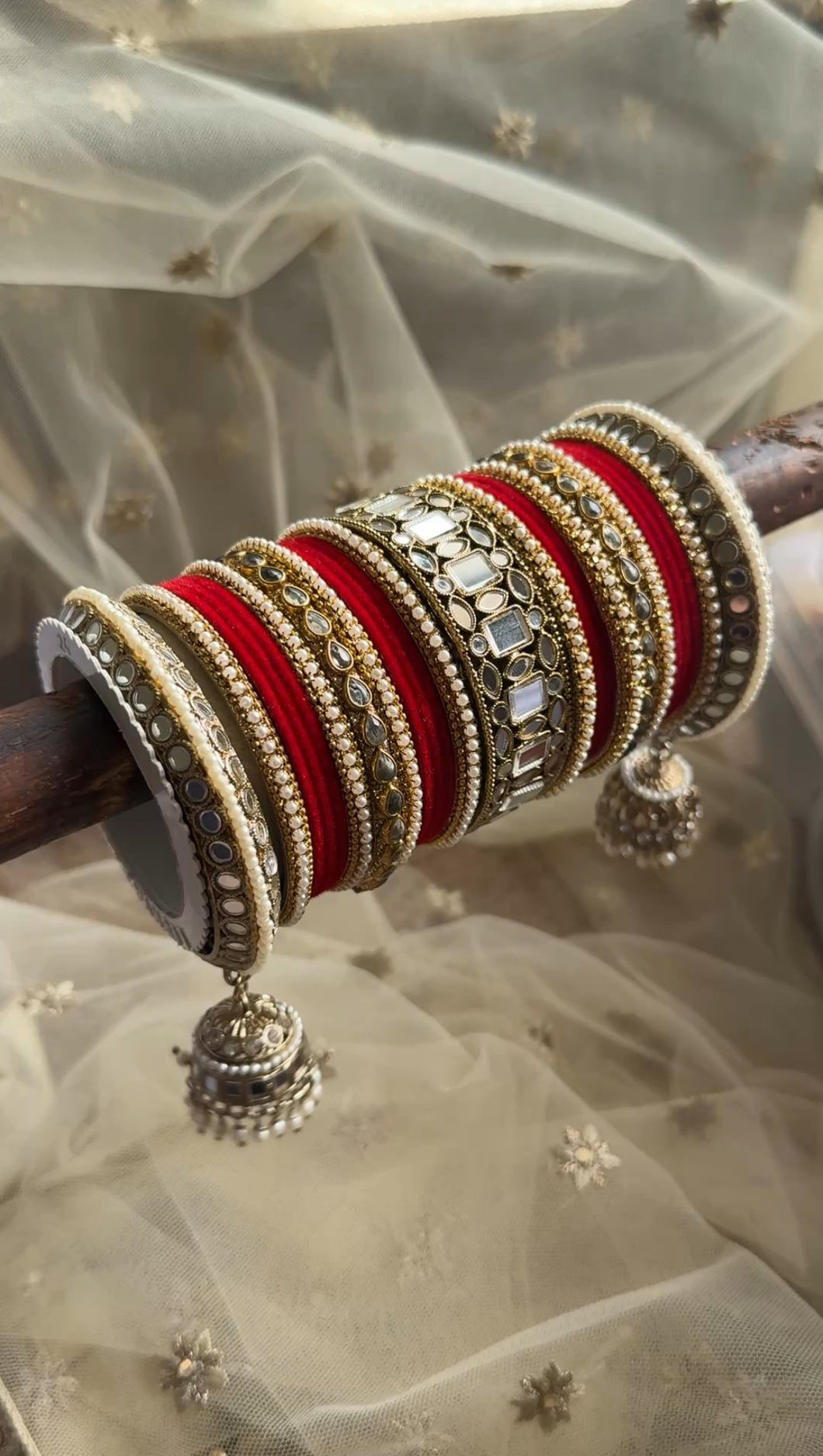 Traditional Mirror Bangle Set with Velvet Rec Bangles with Jhumki by Leshya