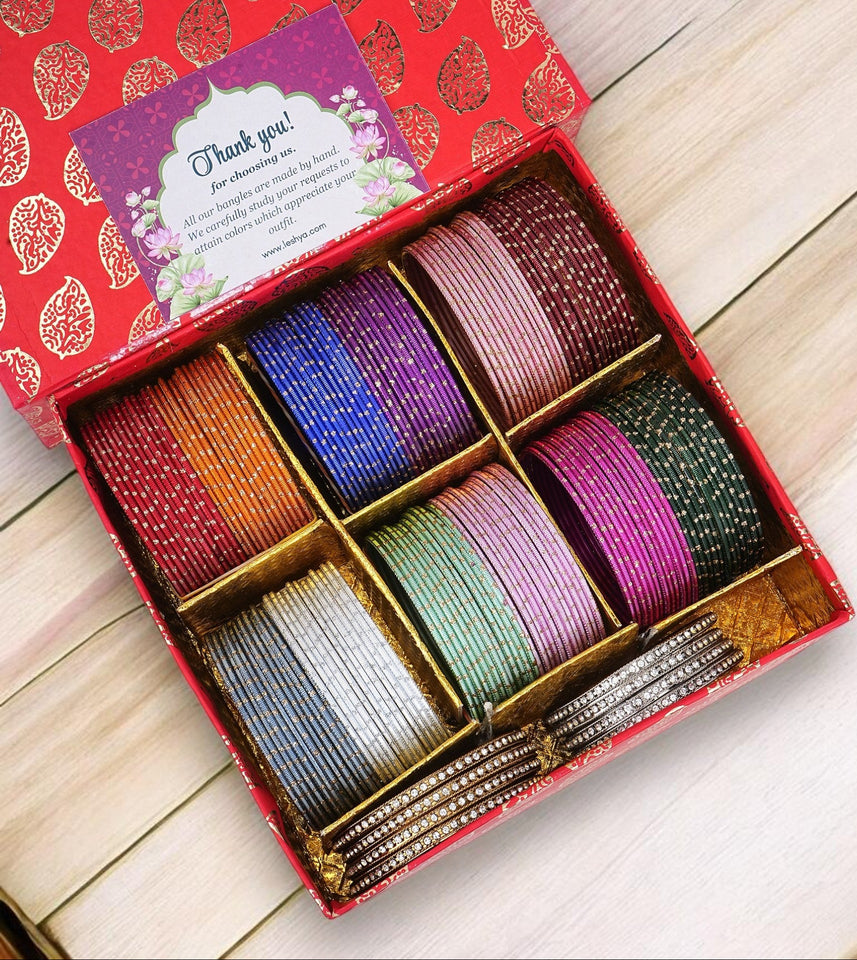 Gifting Box Set of 12 Dotted Metal Bangles with Golden silver Kada by Leshya