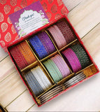 Gifting Box Set of 12 Dotted Metal Bangles with Golden silver Kada by Leshya