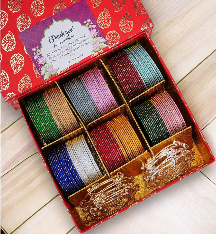 Gifting Box Set of 12 Dotted Metal Bangles with Golden silver Kada by Leshya (Plus Size)