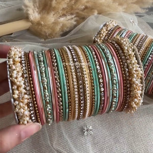 Bridal Stone Bangle Set with Gajra and mix colour by Leshya