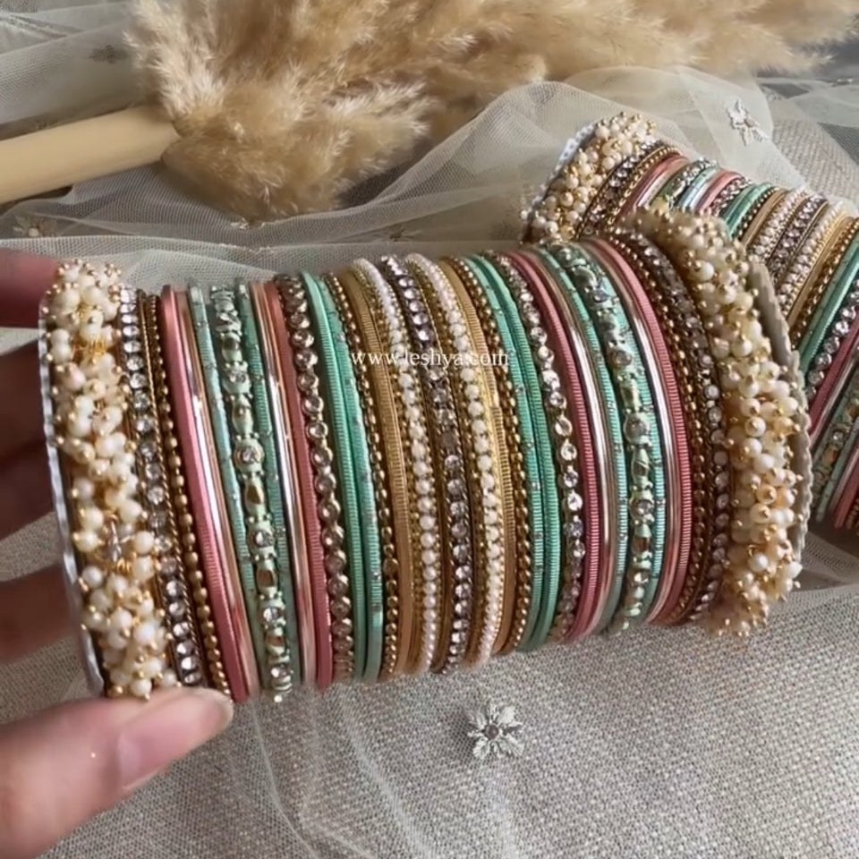 Bridal Stone Bangle Set with Gajra and mix colour by Leshya