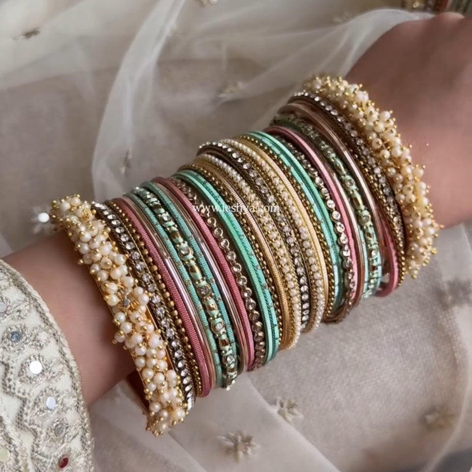 Bridal Stone Bangle Set with Gajra and mix colour by Leshya