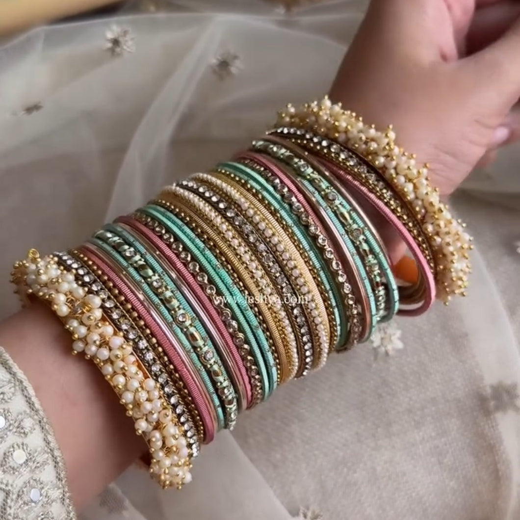 Bridal Stone Bangle Set with Gajra and mix colour by Leshya