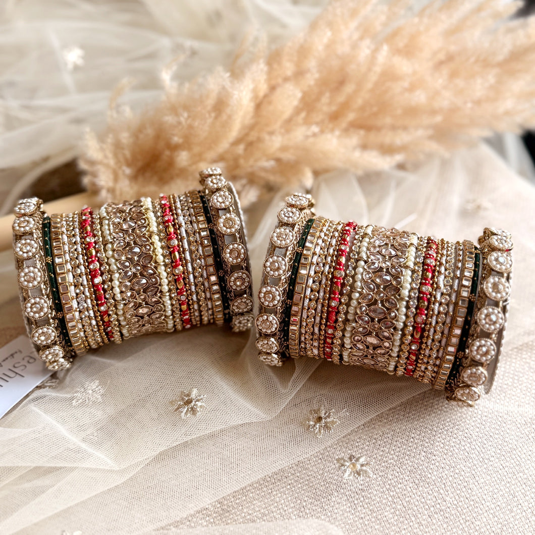 Traditional Red-Green Style Bangle set for two hands by Leshya