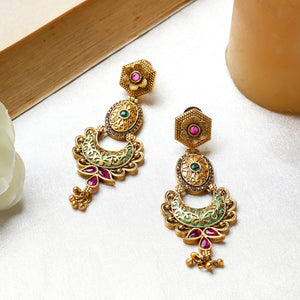 Temple Jewellery Earring with Coloured Stones and Gold Polish  by Leshya