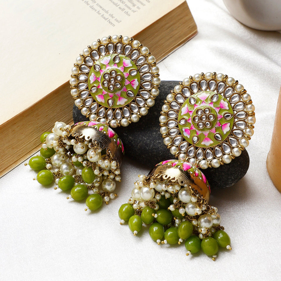 Bridal Meenakari Long Jhumka Earrings with Colorful beads in Golden Fi –  AryaFashions
