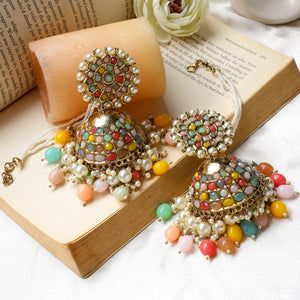 Multicoloured Kundan Jhumki Earring with hanging beads by Leshya
