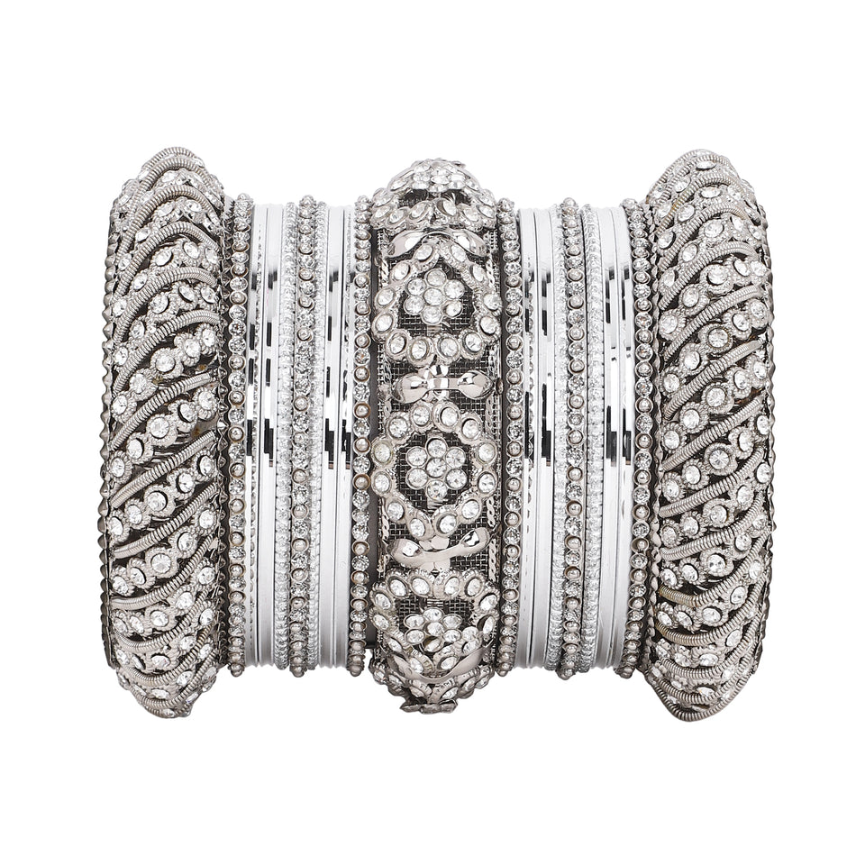 Silver Pacheli Bangle set With Flower center kada by Leshya