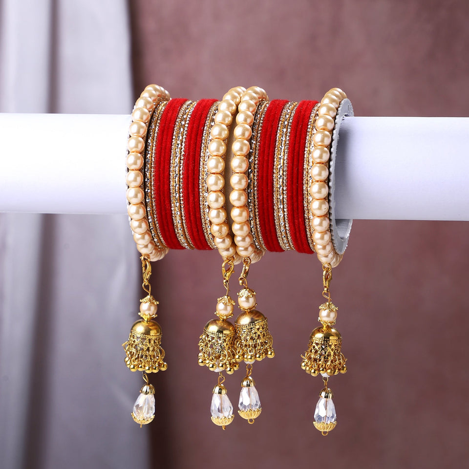 Traditional Pearl Jhumki and Velvet Bangle set by Leshya