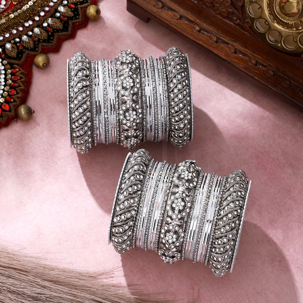 Silver Pacheli Bangle set With Flower center kada by Leshya
