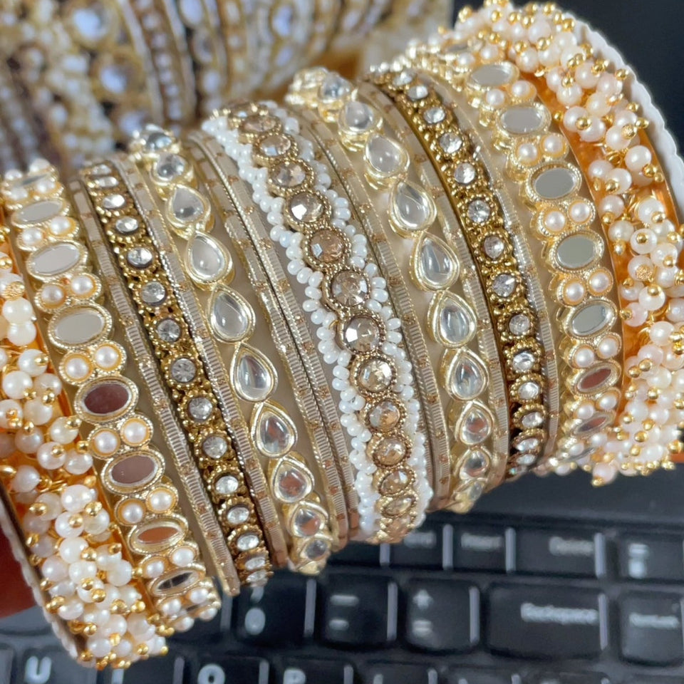 Bridal Stone Bangle Set with Gajra and mirror kada by Leshya