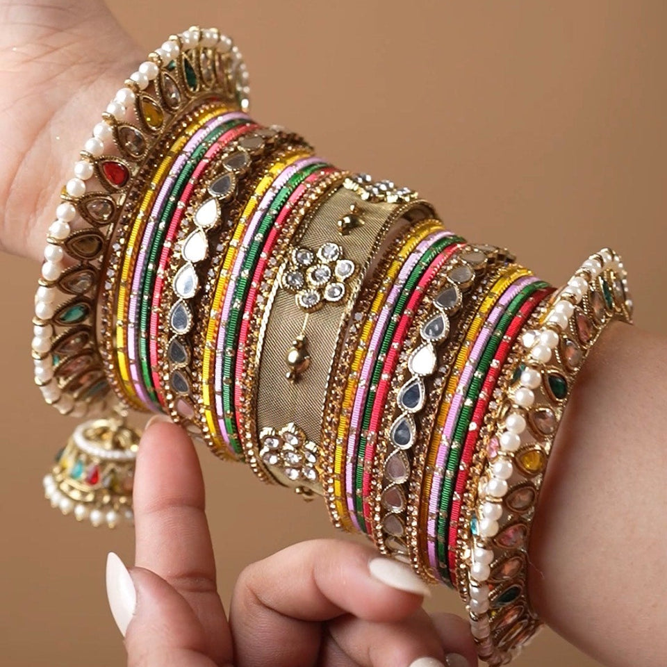 Multicoloured Jhumki Bangle with Jaaliwork Kada set by Leshya