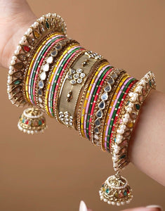 Multicoloured Jhumki Bangle with Jaaliwork Kada set by Leshya