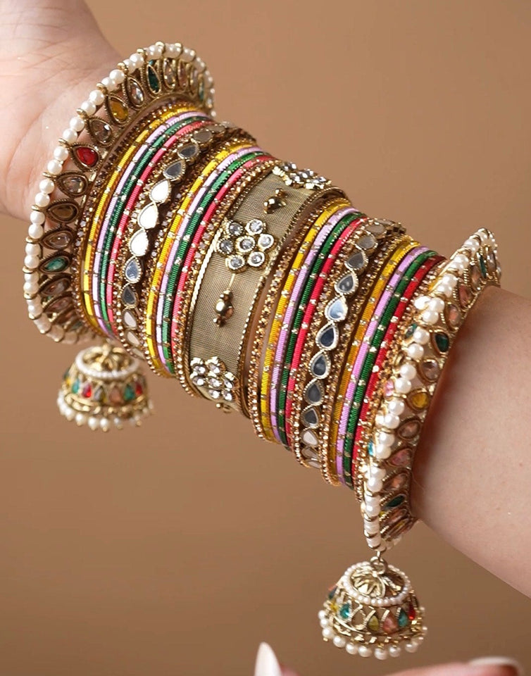 Multicoloured Jhumki Bangle with Jaaliwork Kada set by Leshya