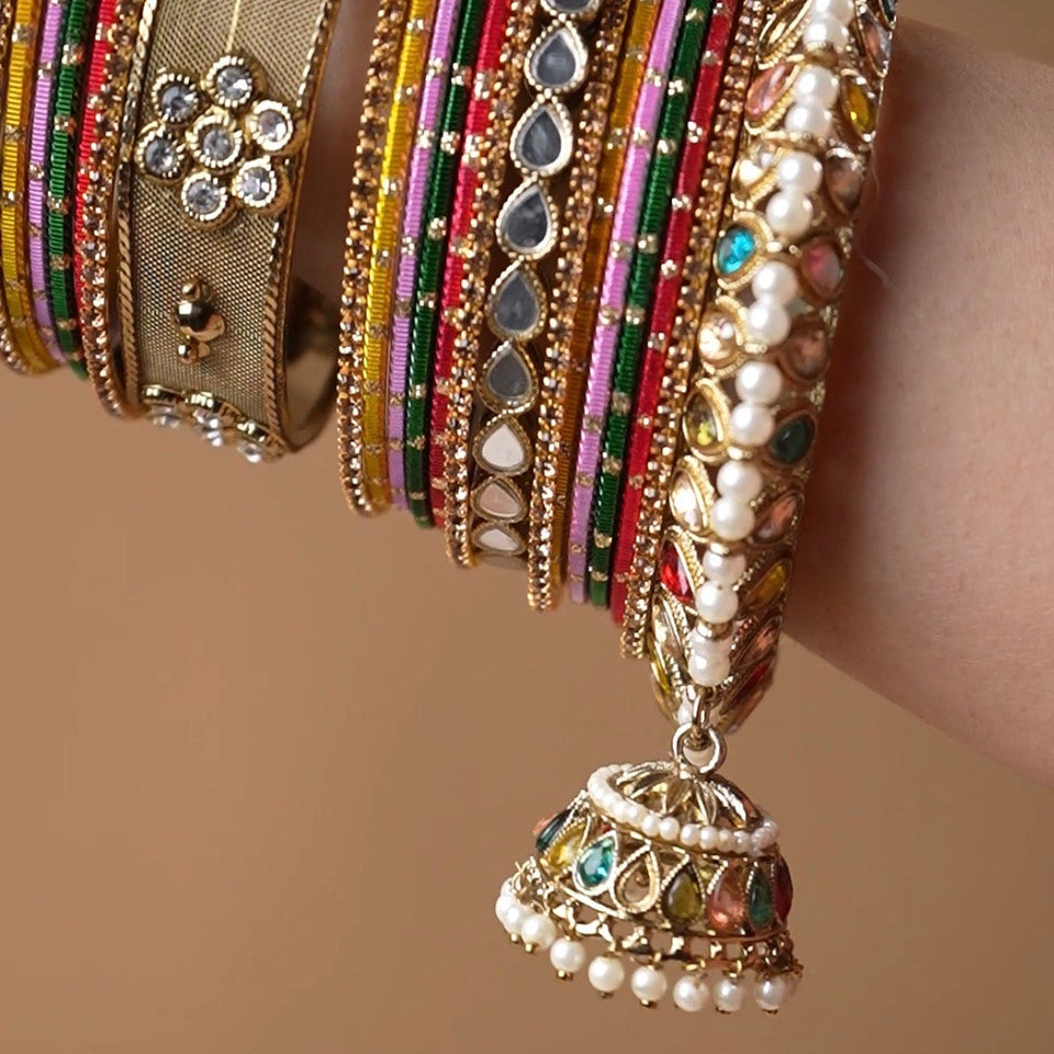 Multicoloured Jhumki Bangle with Jaaliwork Kada set by Leshya