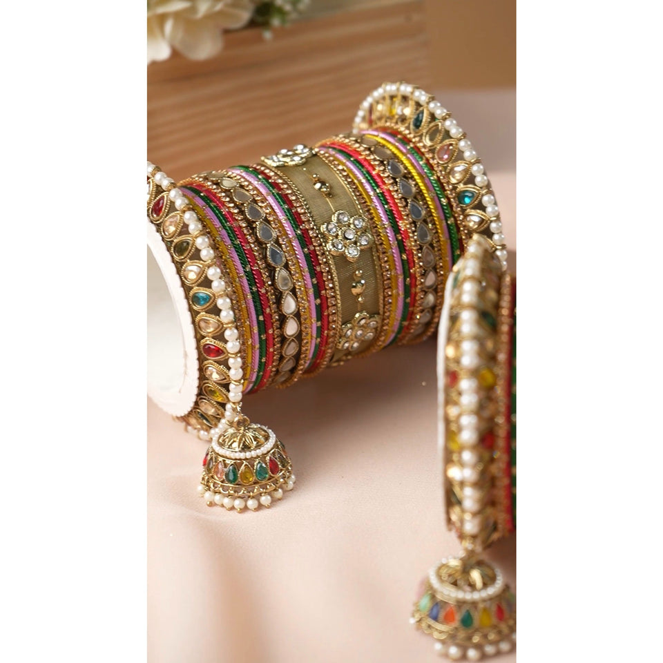 Multicoloured Jhumki Bangle with Jaaliwork Kada set by Leshya
