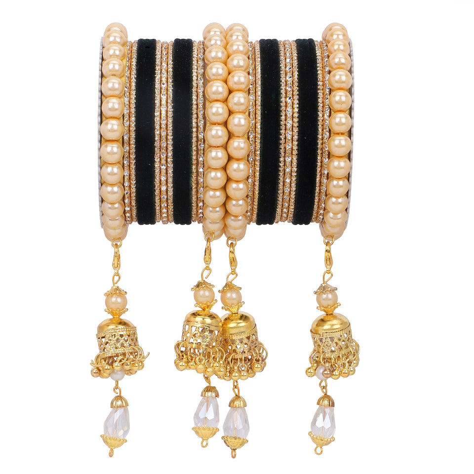 Traditional Pearl Jhumki and Velvet Bangle set by Leshya