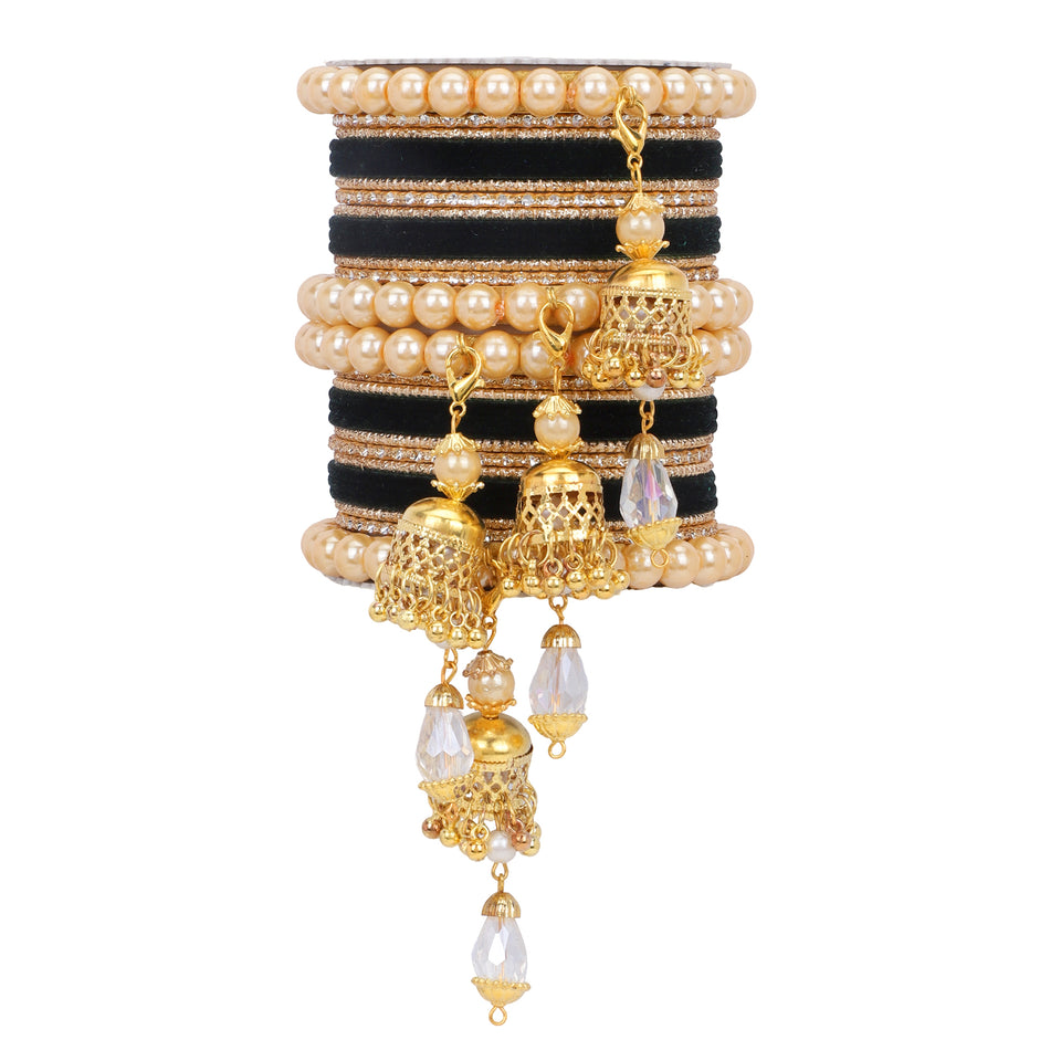 Traditional Pearl Jhumki and Velvet Bangle set by Leshya