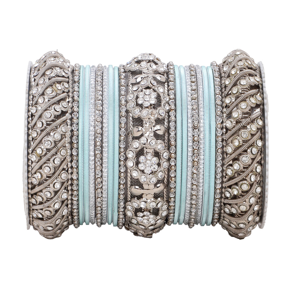 Silver Pacheli Bangle set With Flower center kada by Leshya