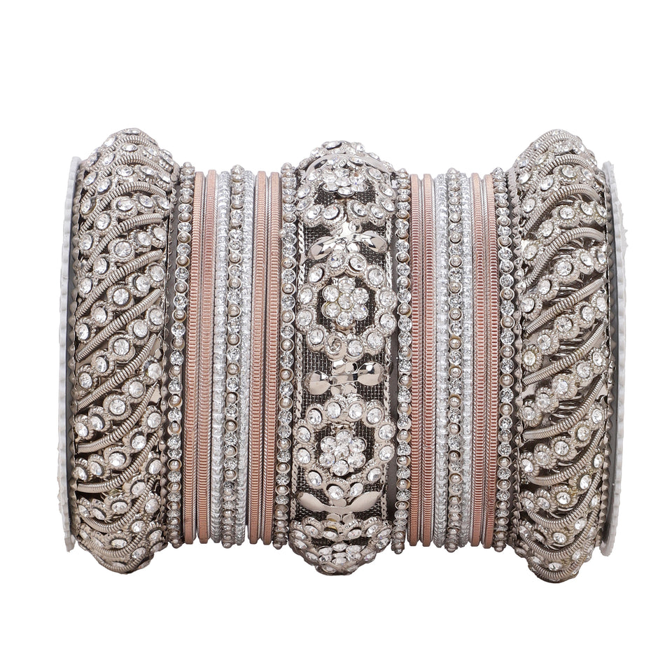 Silver Pacheli Bangle set With Flower center kada by Leshya