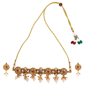 Kundan Meenakari Necklace and with pearl Earring set by Leshya