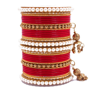 Traditional Solid Coloured Bangle Set with Pearl and Jhumki by Leshya