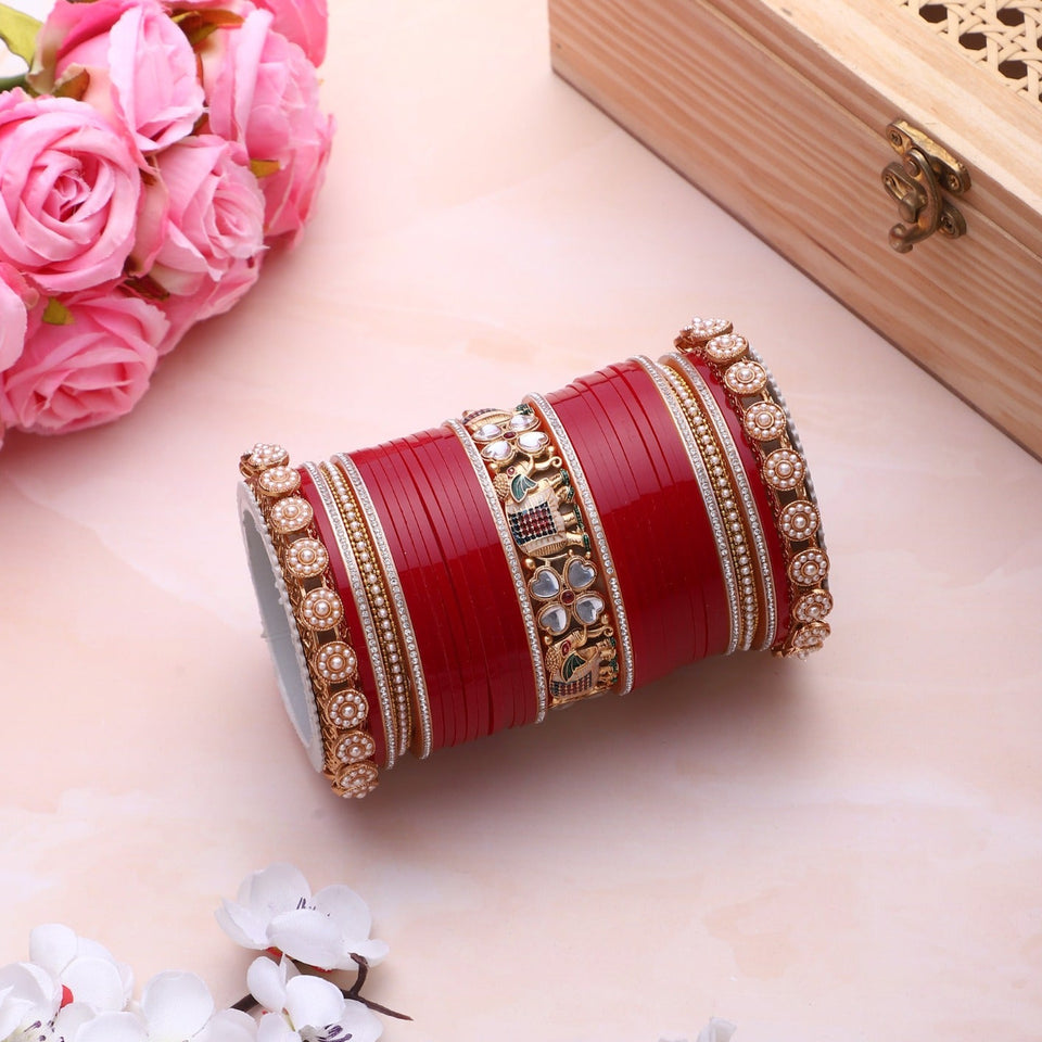 Bridal Chura with Pastel Colours and Kundan Elephant Kada