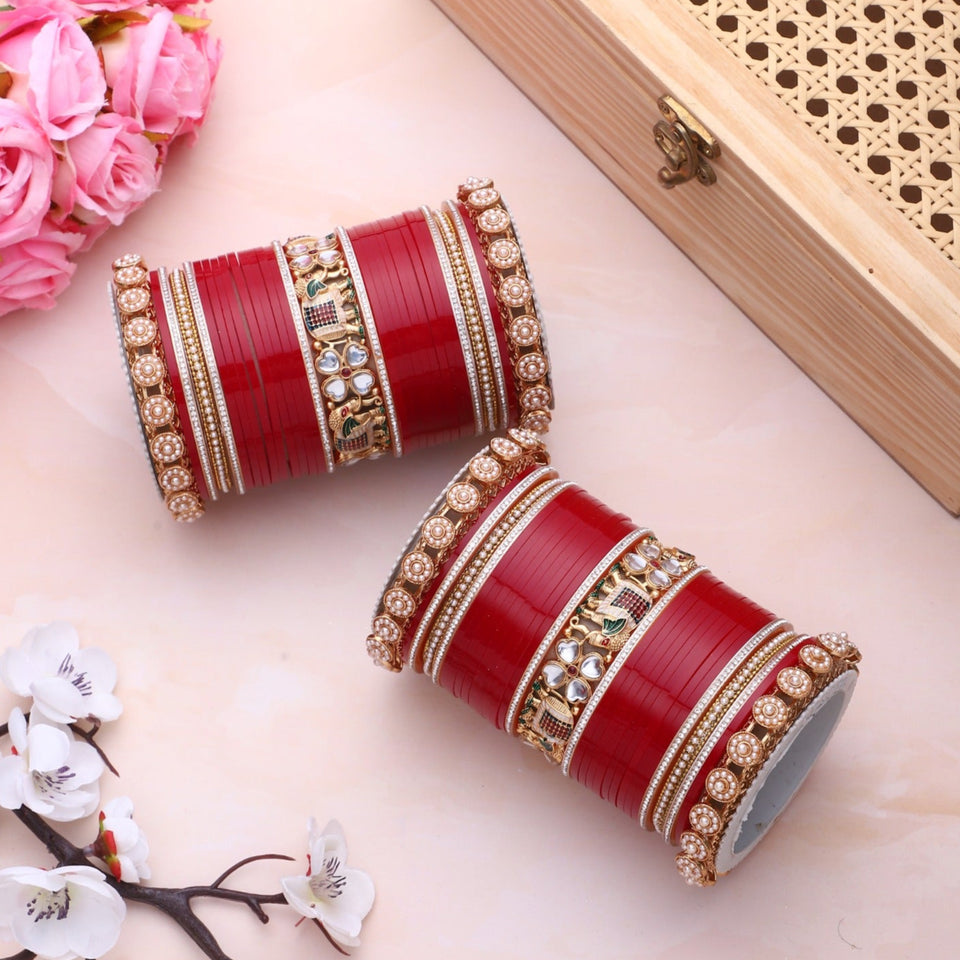 Bridal Chura with Pastel Colours and Kundan Elephant Kada