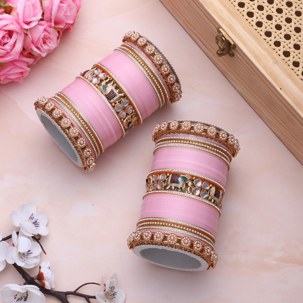 Bridal Chura with Pastel Colours and Kundan Elephant Kada