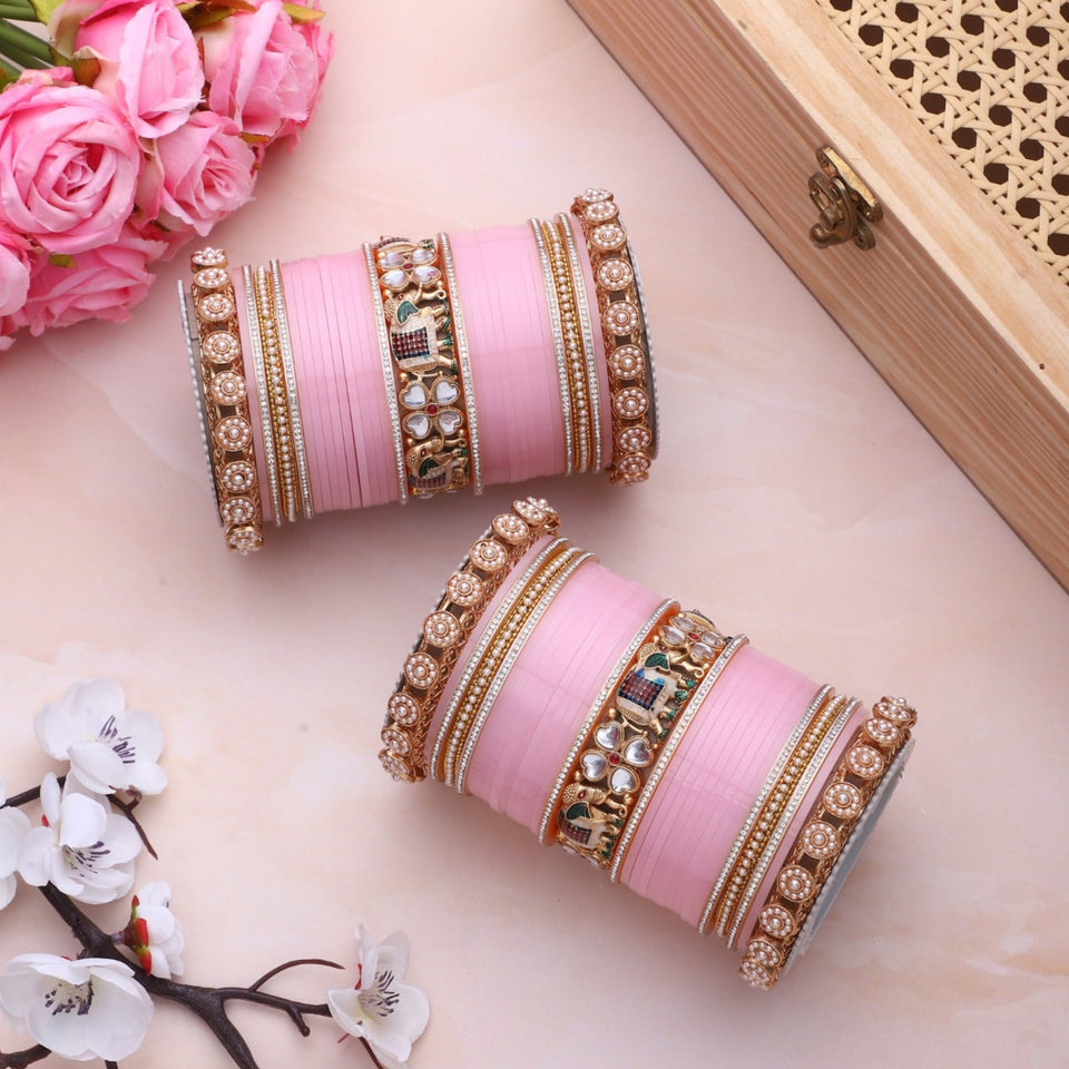 Bridal Chura with Pastel Colours and Kundan Elephant Kada