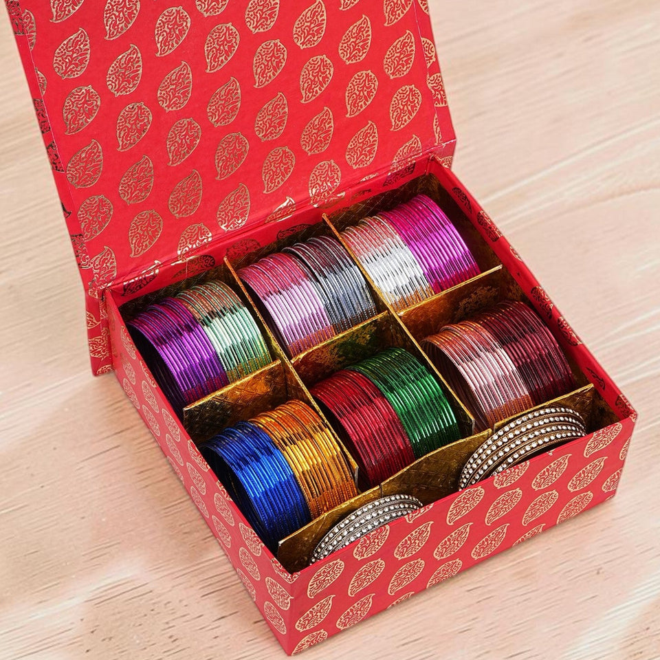 Gifting Box Set of 12 Shining Metal Bangles with kashmiri ghungroo by Leshya (Plus Size)