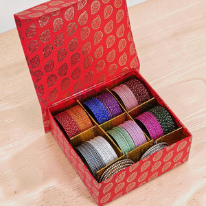 Gifting Box Set of 12 Dotted Metal Bangles with Golden silver Kada by Leshya