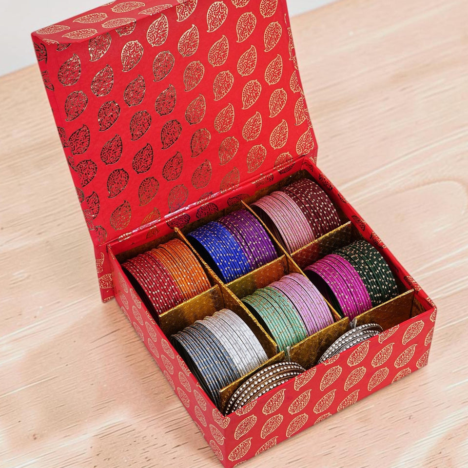 Gifting Box Set of 12 Dotted Metal Bangles with Golden silver Kada by Leshya