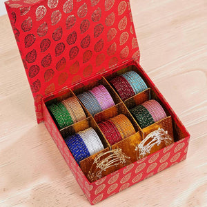 Gifting Box Set of 12 Dotted Metal Bangles with Golden silver Kada by Leshya (Plus Size)