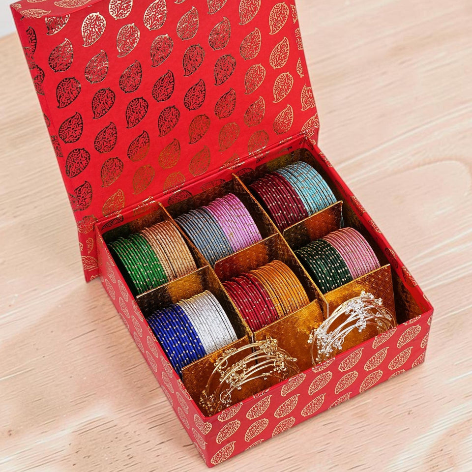 Gifting Box Set of 12 Dotted Metal Bangles with Golden silver Kada by Leshya (Plus Size)