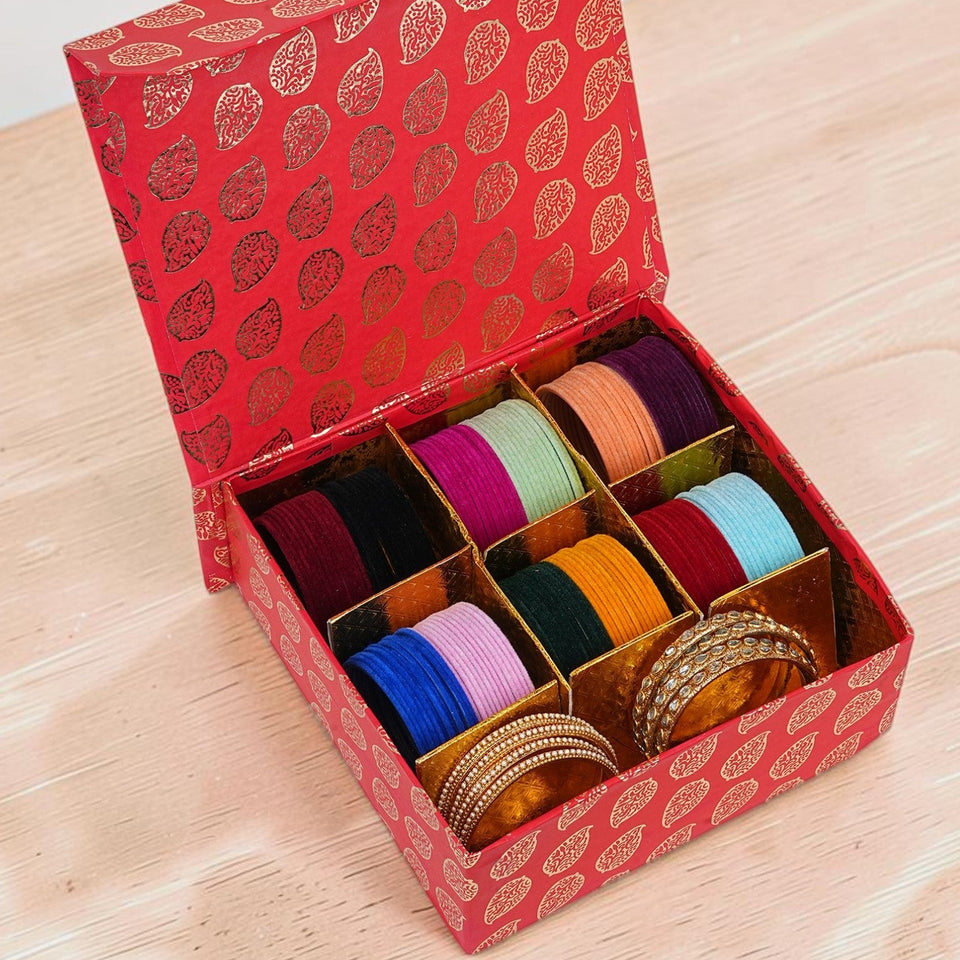 Gifting Box Set of 12 Velvet Bangles with Golden silver Kada by Leshya