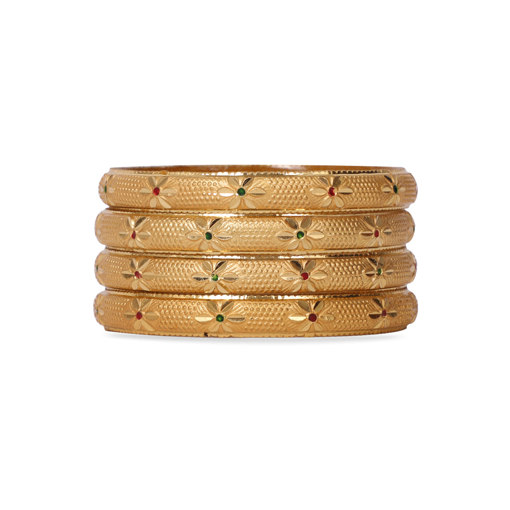 Beautiful Set Of 4 Gold Dyed Bracelets With Flower Design And Meenakari Work