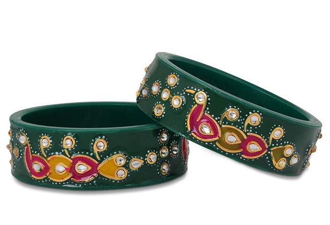Rajasthani Style Meenakari Bracelets With Handmade Peacock And Running Kundan Work