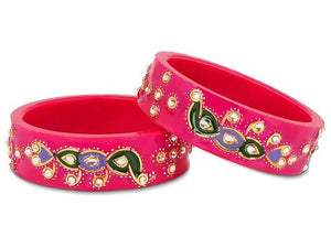 Rajasthani Style Meenakari Bracelets With Handmade Peacock And Running Kundan Work
