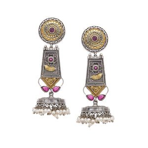 Oxidized Silver Earring with Beaded Jhumki and ruby coloured stone