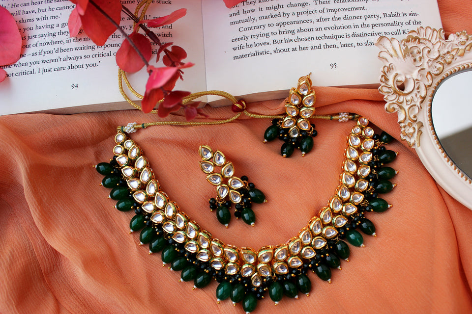 Designer Emerald Green Kundan Necklace Set